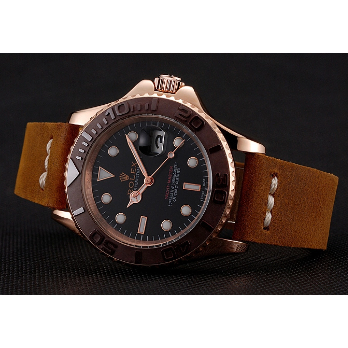 Best AAA Replica Sites Black Rose Gold Bezel Bracelet Yacht Brown Master 1453860 Brown Leather Dial Case Rolex 0712